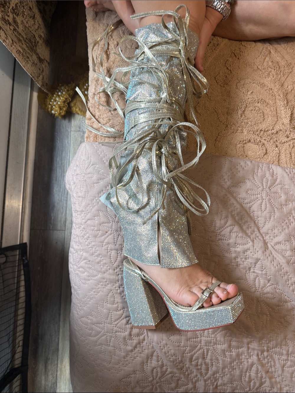 Sparkling Silver Lace-Up Platform Sandals